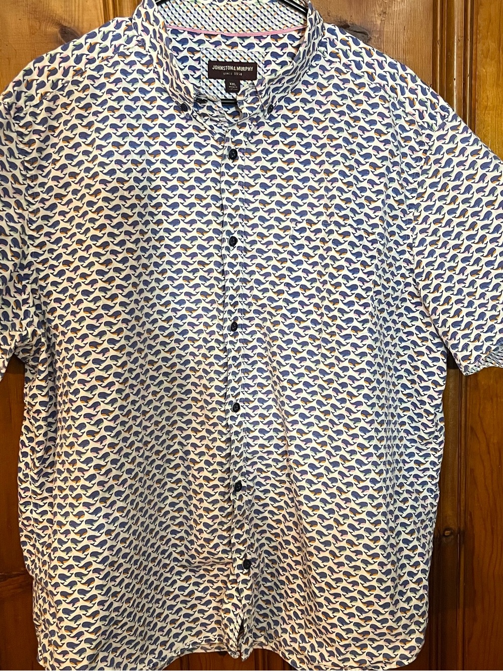 XXL Johnston & Murphy White Short-Sleeve Button-Up with Blue Wave Print